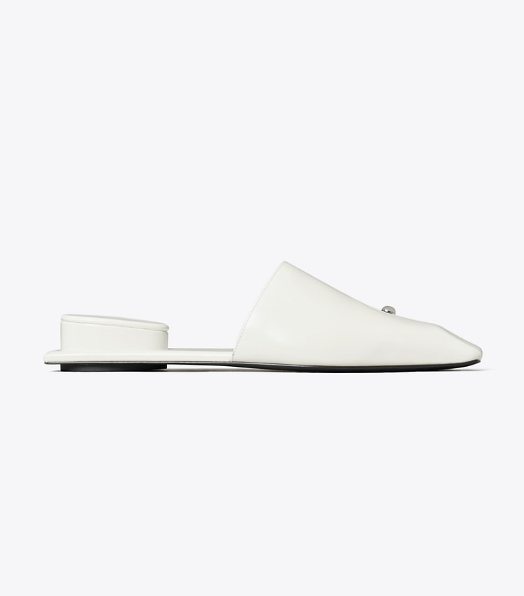 Tory Burch diseñador zapatos planos Mules Pierced en WHITE / SILVER lateral