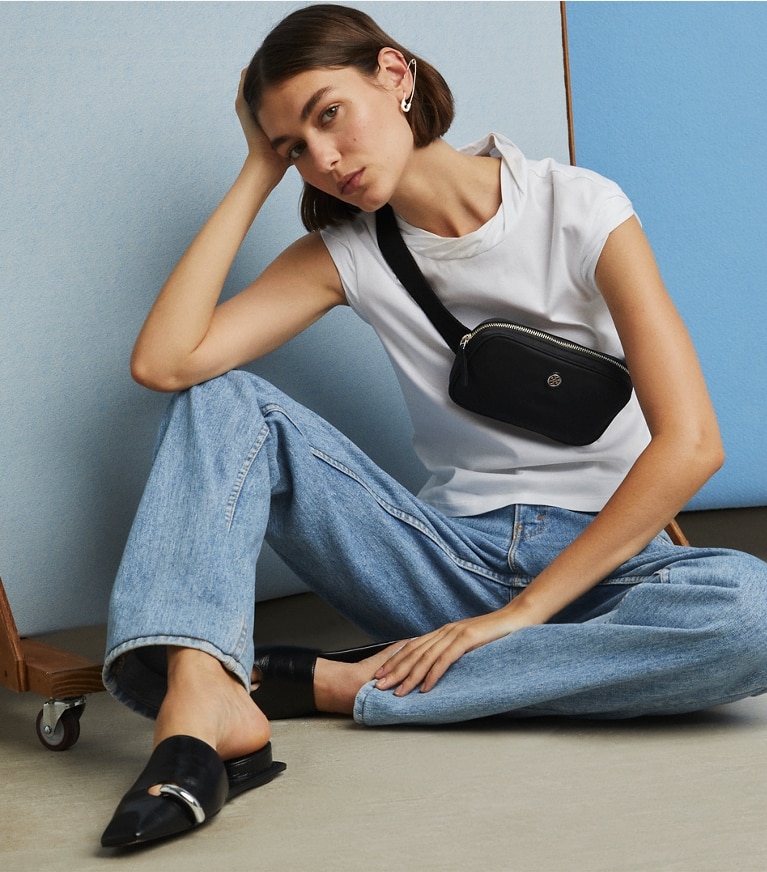 Tory Burch diseñador zapatos planos Mules Pierced en PERFECT BLACK / SILVER estudio