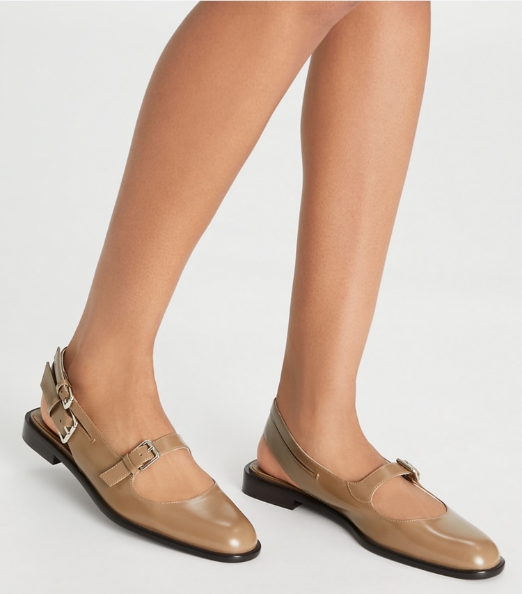 Tory Burch designer flats Multi-Buckle Mary Jane in SOFT ACORN accessory on model