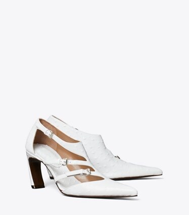Tory Burch designer heels Multi-Buckle Pump in TINTED BLUE angle