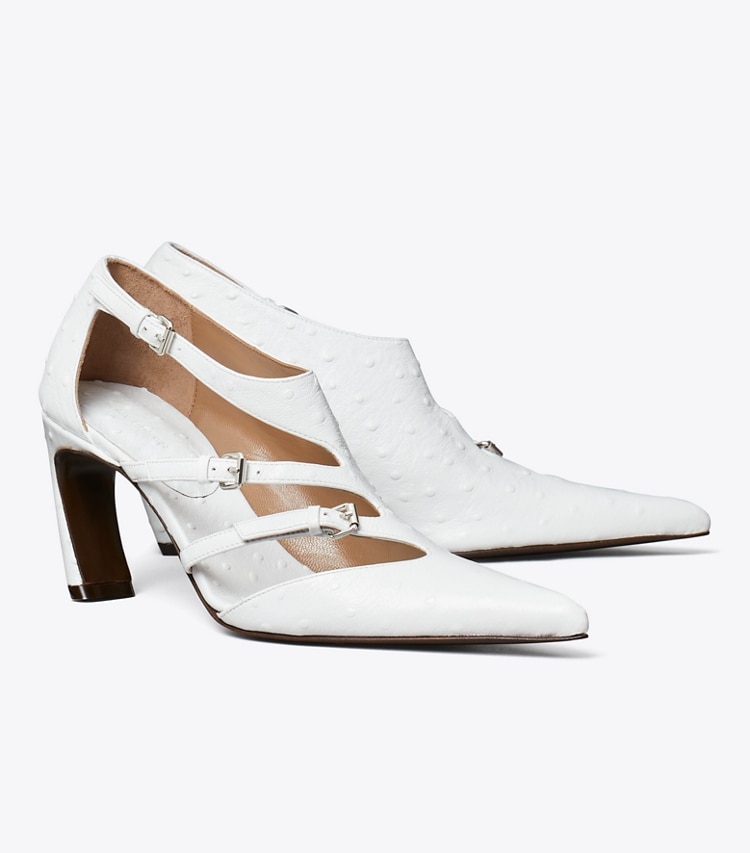 Tory Burch designer heels Multi-Buckle Pump in TINTED BLUE angle