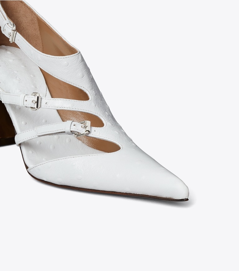 Tory Burch designer heels Multi-Buckle Pump in TINTED BLUE angle