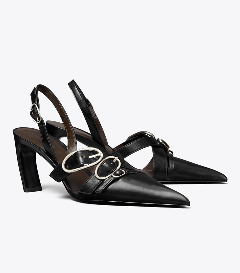 Tory Burch designer heels Multi Buckle Slingback in PERFECT BLACK / SILVER angle