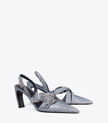 Tory Burch designer heels Multi Buckle Slingback in DUSKY BLUE / SILVER angle