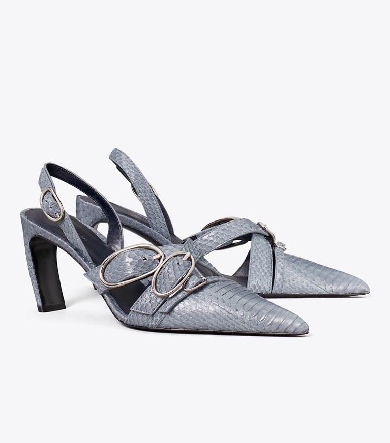 Tory Burch designer heels Multi Buckle Slingback in DUSKY BLUE / SILVER angle