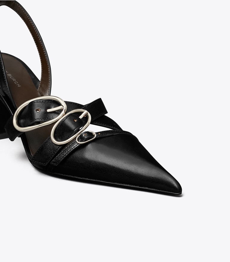 Tory Burch designer heels Multi Buckle Slingback in PERFECT BLACK / SILVER detail