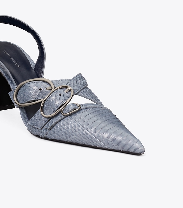Tory Burch designer heels Multi Buckle Slingback in DUSKY BLUE / SILVER detail