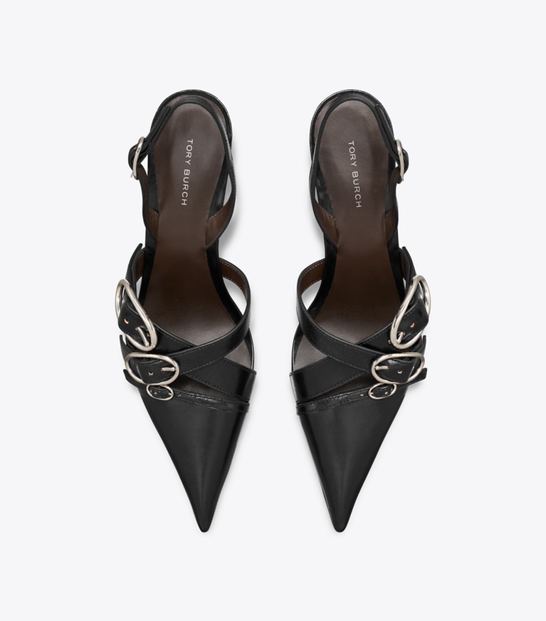 Tory Burch designer heels Multi Buckle Slingback in PERFECT BLACK / SILVER overhead