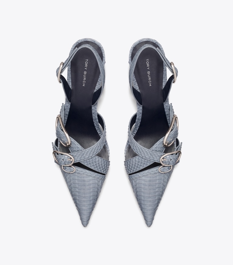 Tory Burch designer heels Multi Buckle Slingback in DUSKY BLUE / SILVER overhead