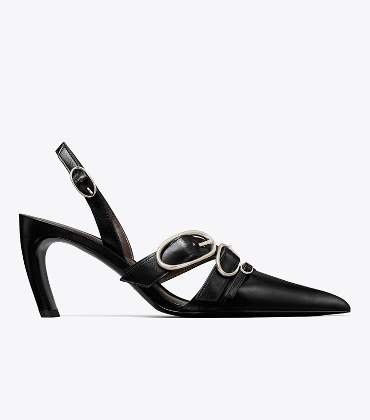Tory Burch designer heels Multi Buckle Slingback in PERFECT BLACK / SILVER side