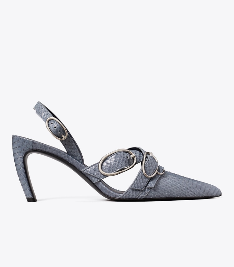 Tory Burch designer heels Multi Buckle Slingback in DUSKY BLUE / SILVER side
