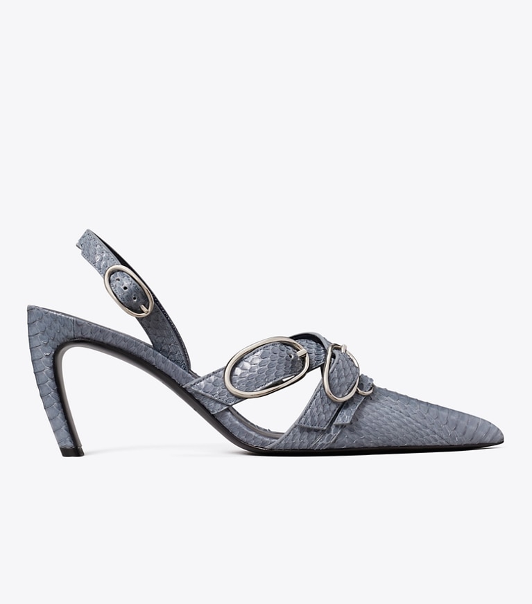 Tory Burch designer heels Multi Buckle Slingback in DUSKY BLUE / SILVER side