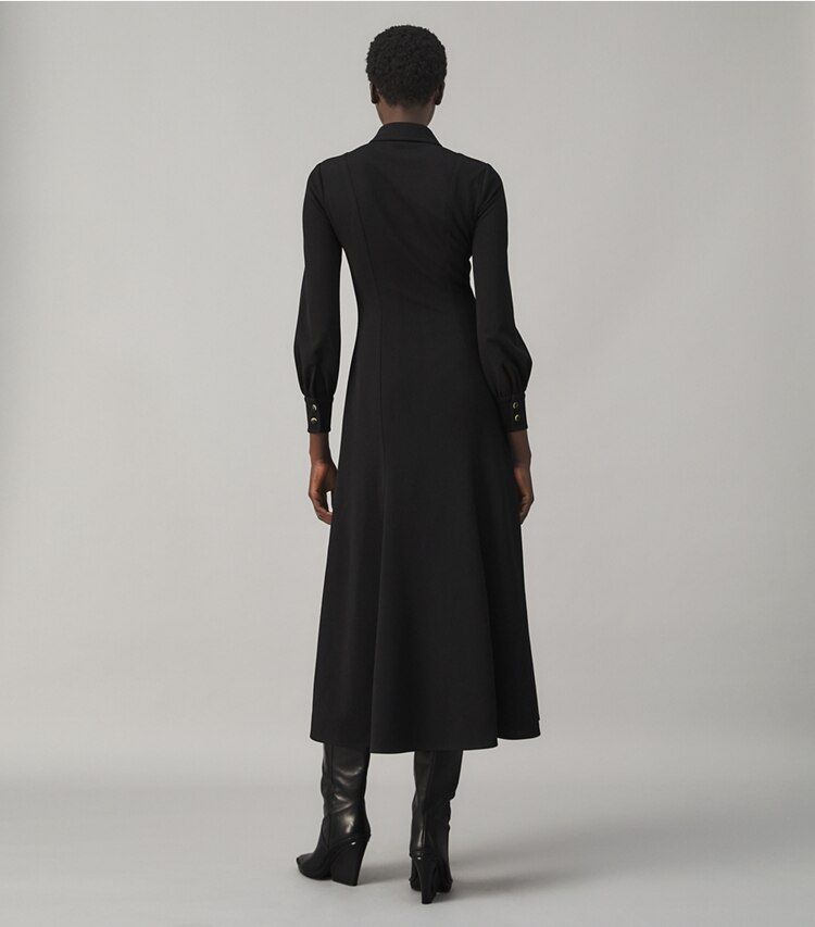 Tory Burch designer dresses Multi-Button Crepe Shirtdress in Black on model back