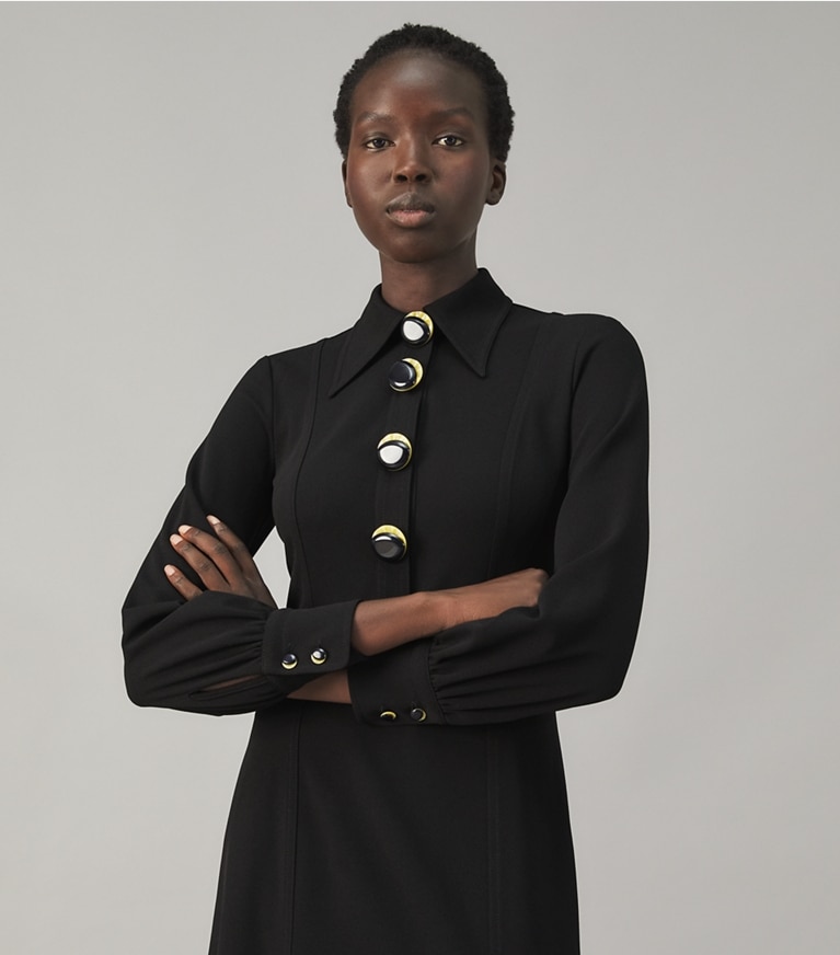 Tory Burch designer dresses Multi-Button Crepe Shirtdress in Black front