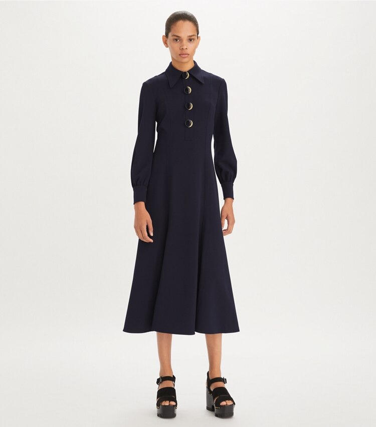 Tory Burch designer dresses Multi-Button Crepe Shirtdress in Medium Navy on model front
