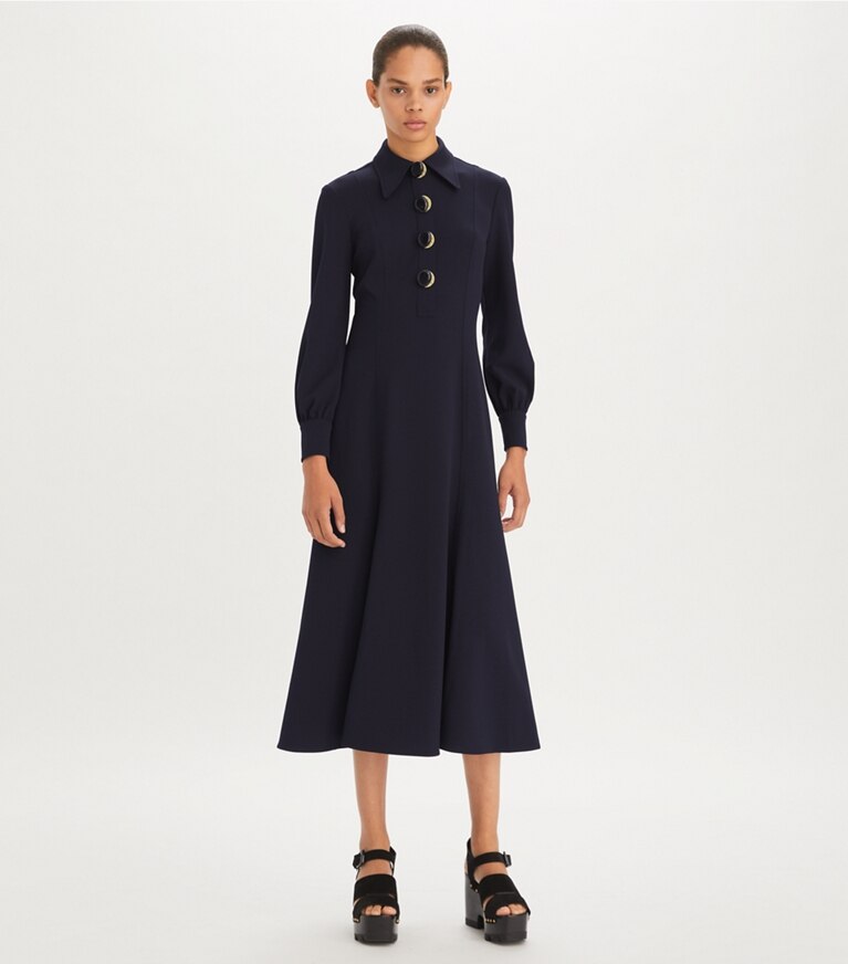 Tory Burch designer dresses Multi-Button Crepe Shirtdress in Medium Navy front