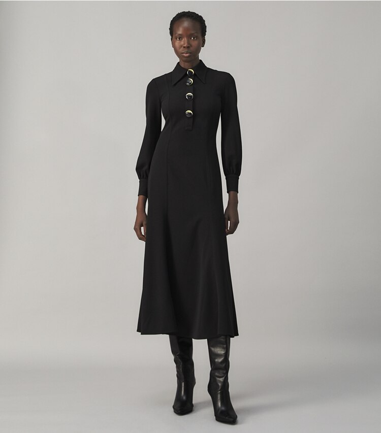 Tory Burch designer dresses Multi-Button Crepe Shirtdress in Black on model front