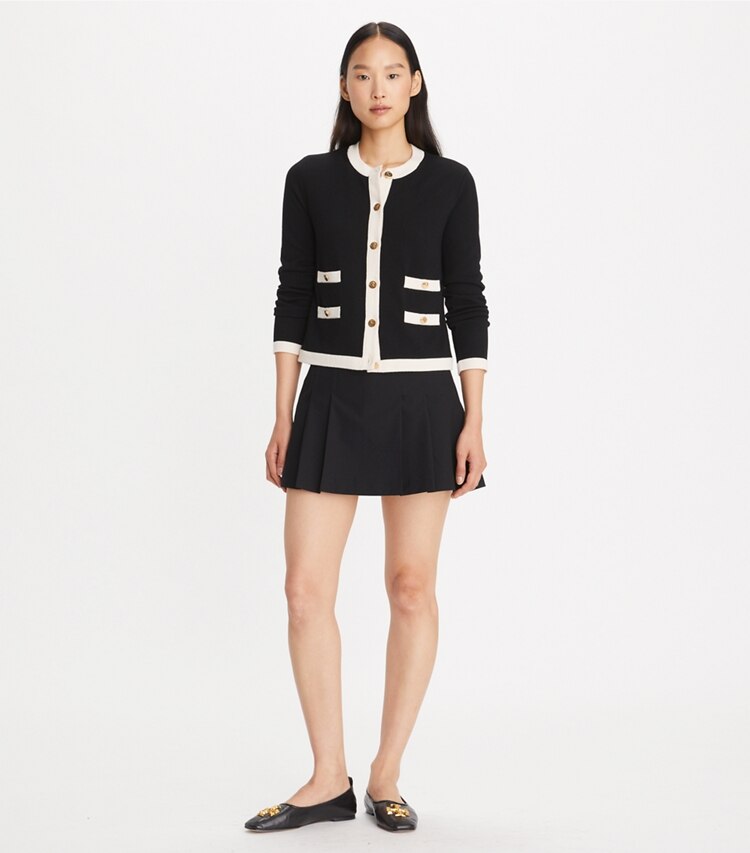 Tory Burch designer sweaters Multi Button Kendra Cardigan in Black on model front