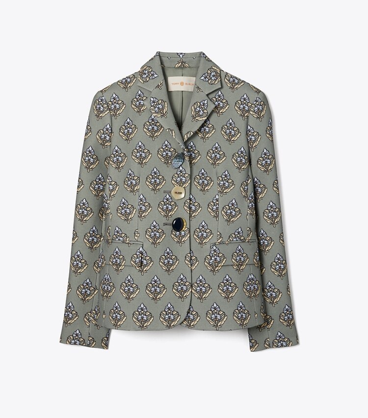 Tory Burch designer jackets Multi-Button Twill Crepe Jacket in BLUE SAGE BLOCK PRINT front