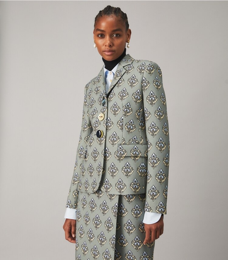 Tory Burch designer jackets Multi-Button Twill Crepe Jacket in BLUE SAGE BLOCK PRINT on model detail