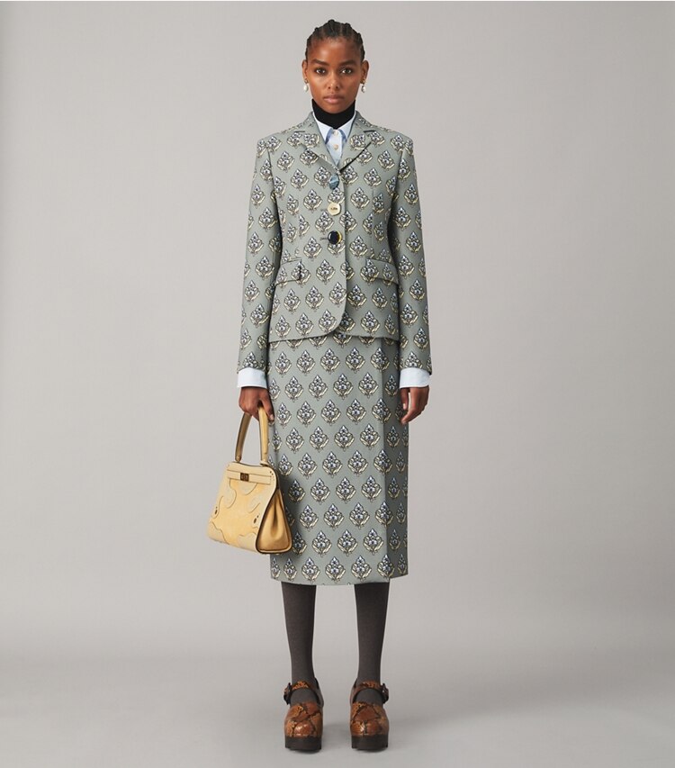 Tory Burch designer jackets Multi-Button Twill Crepe Jacket in BLUE SAGE BLOCK PRINT on model front