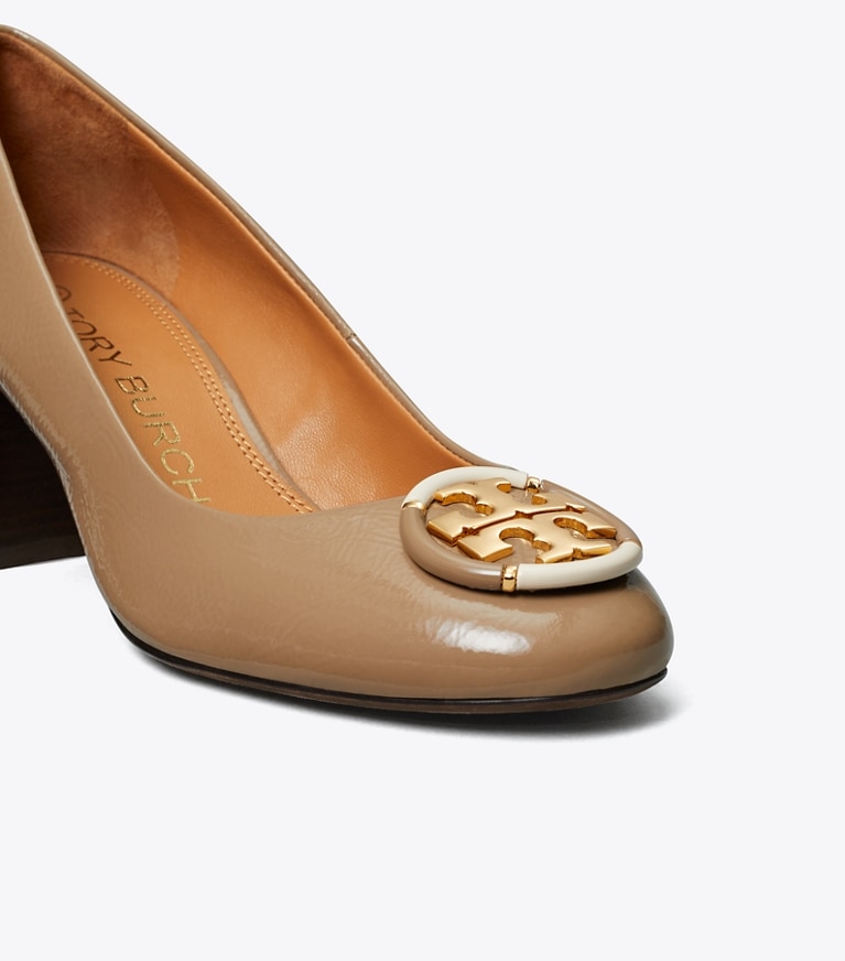 Tory Burch designer heels Multi Logo Pump in ALMOND FLOUR angle