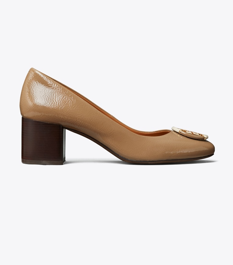 Tory Burch designer heels Multi Logo Pump in ALMOND FLOUR angle