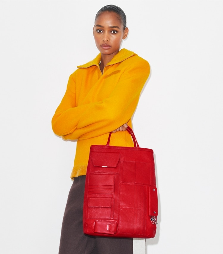 Tory Burch designer tote bags Multi-Pocket Tote in Royal Red accessory on model