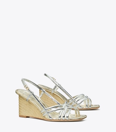 Tory Burch designer sandals Multi-Strap Espadrille Wedge in SHINY SILVER / SPARK GOLD / SPARK GOLD angle