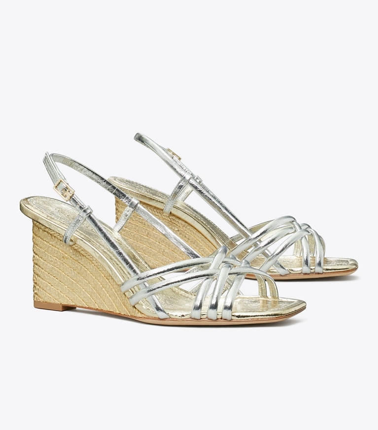 Tory Burch designer sandals Multi-Strap Espadrille Wedge in SHINY SILVER / SPARK GOLD / SPARK GOLD angle
