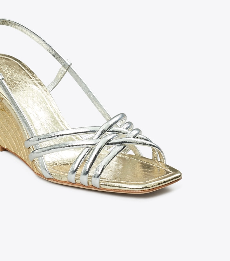 Tory Burch designer sandals Multi-Strap Espadrille Wedge in SHINY SILVER / SPARK GOLD / SPARK GOLD angle