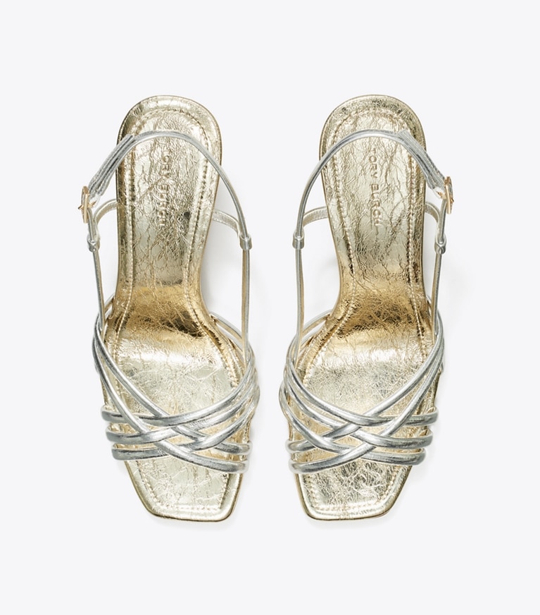Tory Burch designer sandals Multi-Strap Espadrille Wedge in SHINY SILVER / SPARK GOLD / SPARK GOLD angle