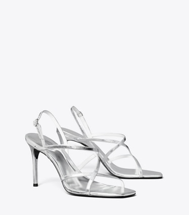 Tory Burch designer sandals Multi-Strap Heeled Sandal in SILVER angle