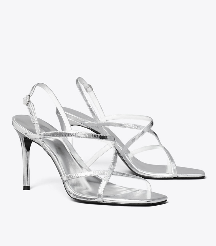 Tory Burch designer sandals Multi-Strap Heeled Sandal in SILVER angle
