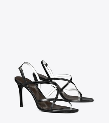 Tory Burch designer sandals Multi-Strap Heeled Sandal in PERFECT BLACK angle
