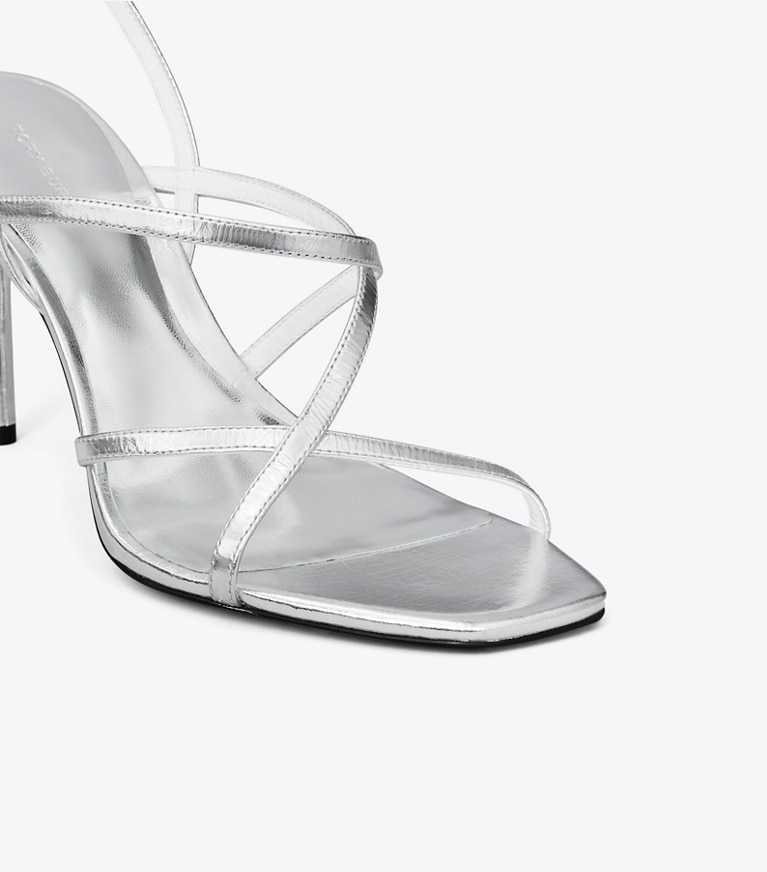 Tory Burch designer sandals Multi-Strap Heeled Sandal in SILVER angle