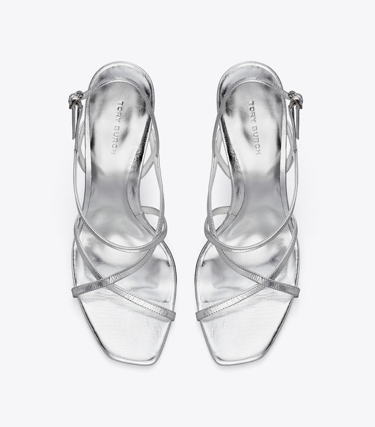 Tory Burch designer sandals Multi-Strap Heeled Sandal in SILVER overhead