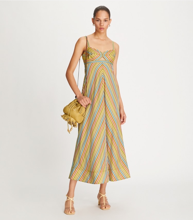 Tory Burch designer dresses Multi-Stripe Cut-Out Dress in Multi on model front