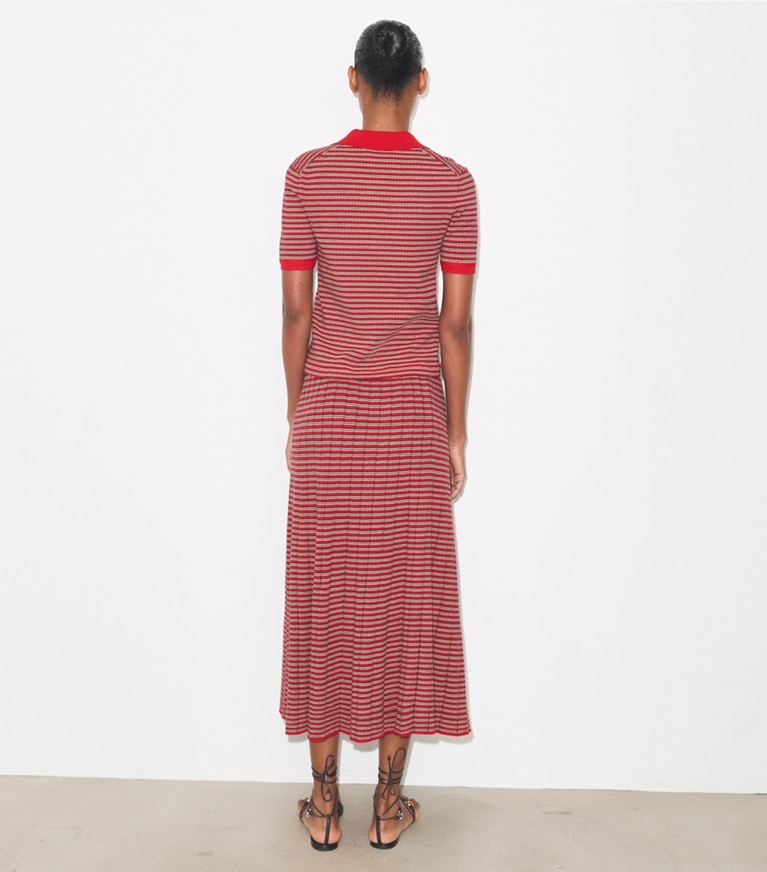 Tory Burch designer bottoms Multi-Stripe Skirt in Red / Navy / Ivory on model back