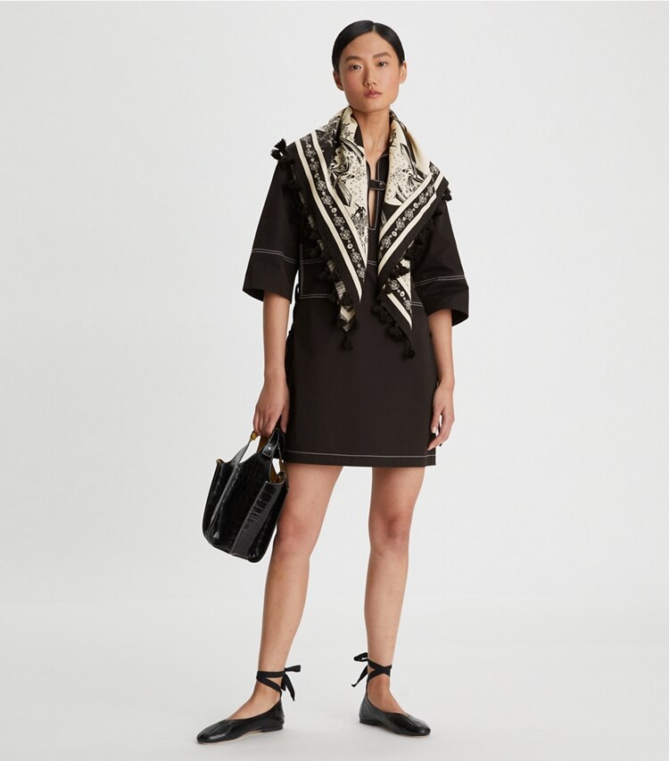 Tory Burch designer scarves Muse Silk Square Scarf in Muse Black accessory on model
