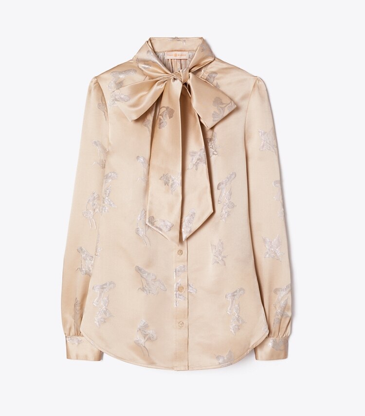Tory Burch designer tops Mushroom Lurex Bow Blouse in Pale Champagne front