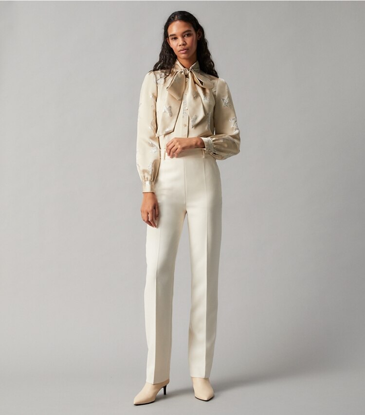 Tory Burch designer tops Mushroom Lurex Bow Blouse in Pale Champagne on model front