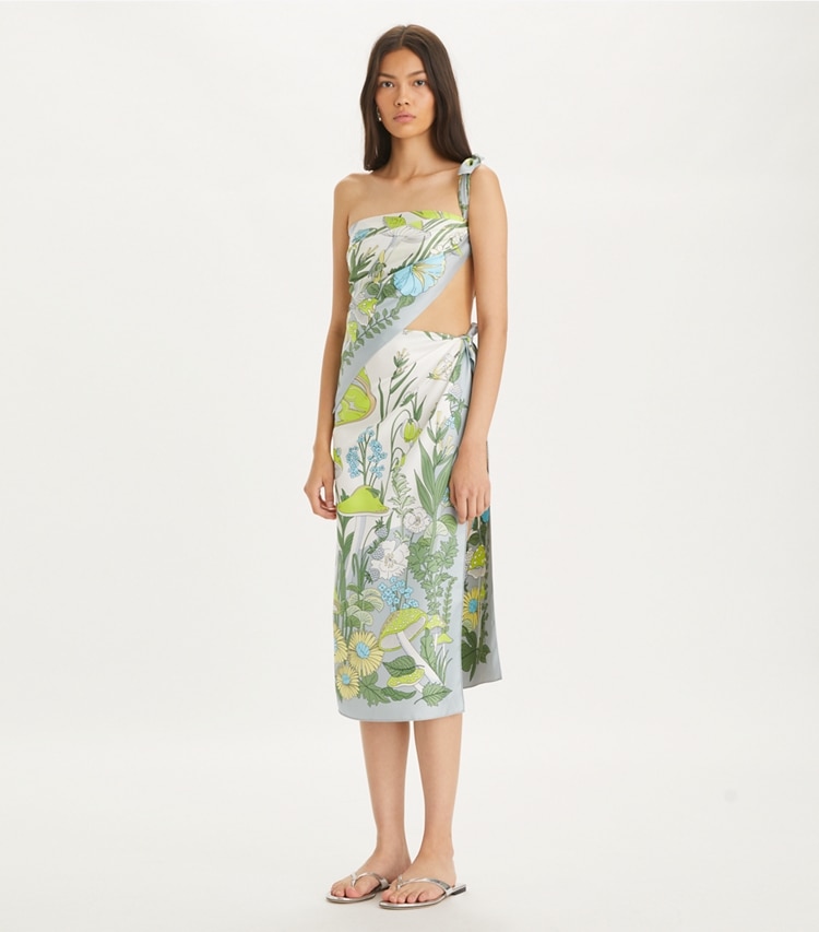 Tory Burch designer scarves Mushroom Silk Square Scarf in Mushroom Chartreuse accessory on model