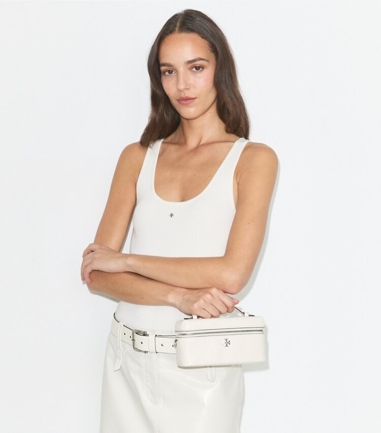Tory Burch diseñador bolsos bandolera Neceser acolchado Charlie en Light Cream / Charms adicional en modelo