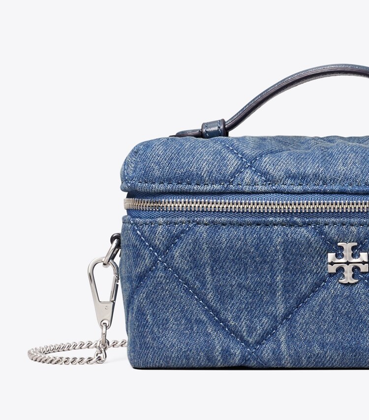 Tory Burch diseñador bolsos bandolera Neceser acolchado de denim en forma de rombos Kira en Blue detalle