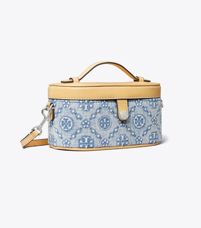 Tory Burch diseñador bolsos bandolera Neceser con monograma de T de denim en Seltzer ángulo