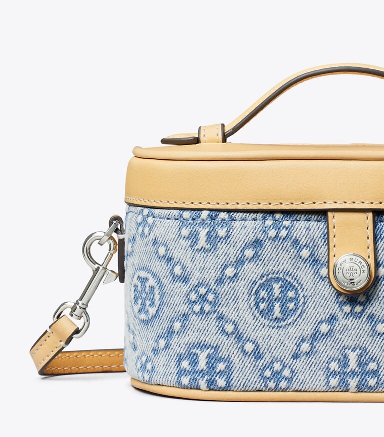 Tory Burch diseñador bolsos bandolera Neceser con monograma de T de denim en Seltzer detalle