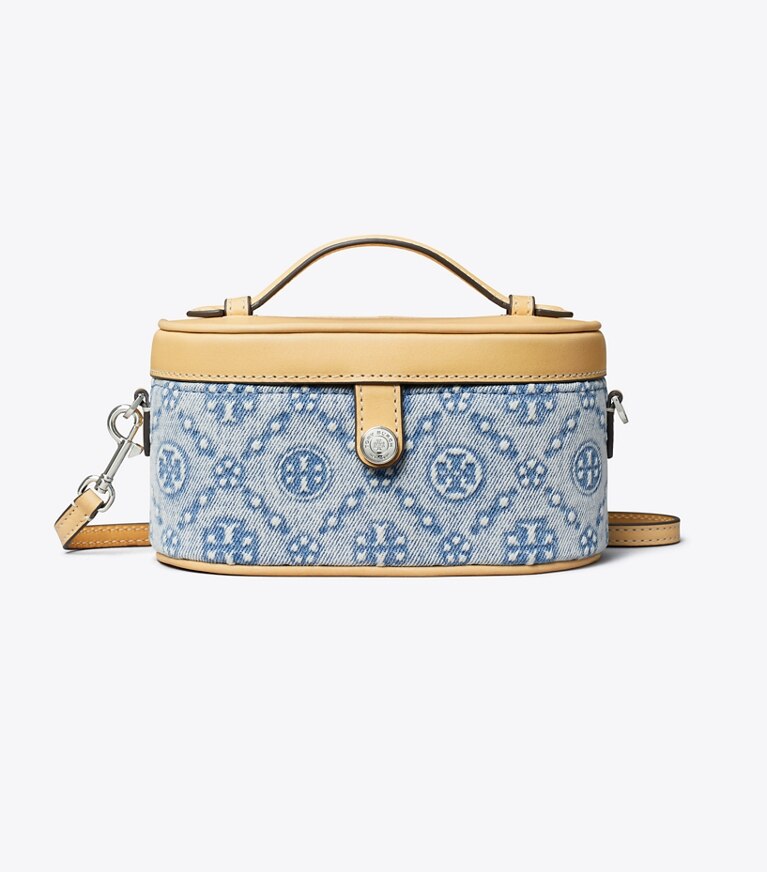 Tory Burch diseñador bolsos bandolera Neceser con monograma de T de denim en Seltzer frontal