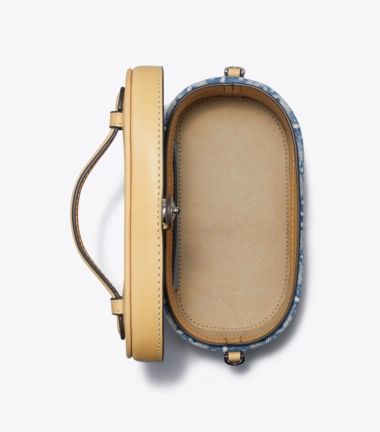 Tory Burch diseñador bolsos bandolera Neceser con monograma de T de denim en Seltzer desde arriba