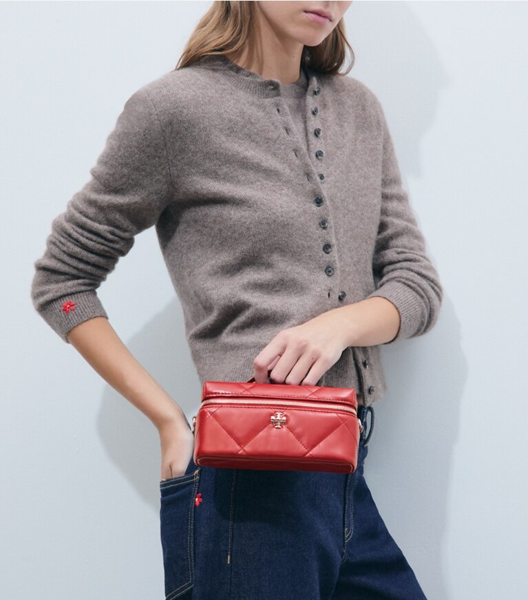 Tory Burch diseñador bolsos bandolera Neceser de denim acolchado con forma de rombos Kira East-West en Red adicional en modelo